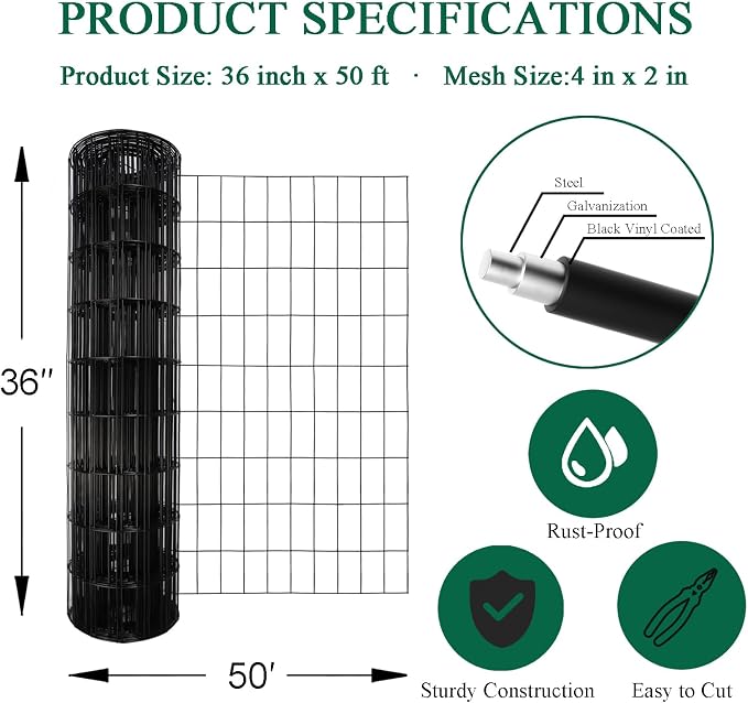 FOREHOGAR Black PVC Coated Welded Wire Fence 36 Inch x 50 Foot, 2 Inch x 4 Inch 14GA, Garden Border Fencing Roll Vinyl Coating Metal Wire Mesh Hardware Cloth for Yard Vegetable Plant Protection