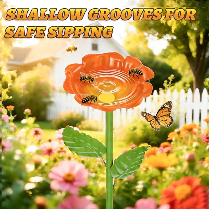 Mellbree Bee Watering Station, 4-Pack Metal Flower Bee Bath for Garden – Attract Butterflies & Pollinators – Colorful Outdoor Gardening Stakes for Yard, Patio, Butterfly Garden, Gardening Essentials