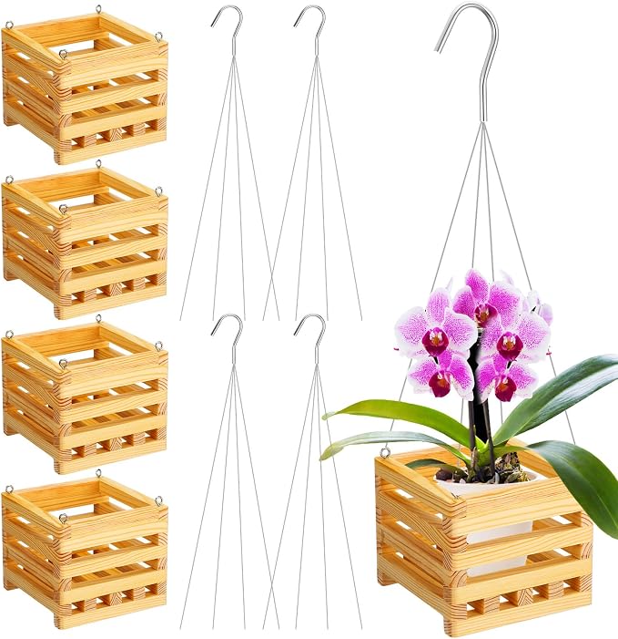 Briwooody 4 Pack Wooden Plant Hanger Set Including 6 Inch Strong Hanging Orchid Wooden Square Baskets and 24 Inch Wire Plant Hangers for Hanging Orchid Gardening Indoor Outdoor (Brown)