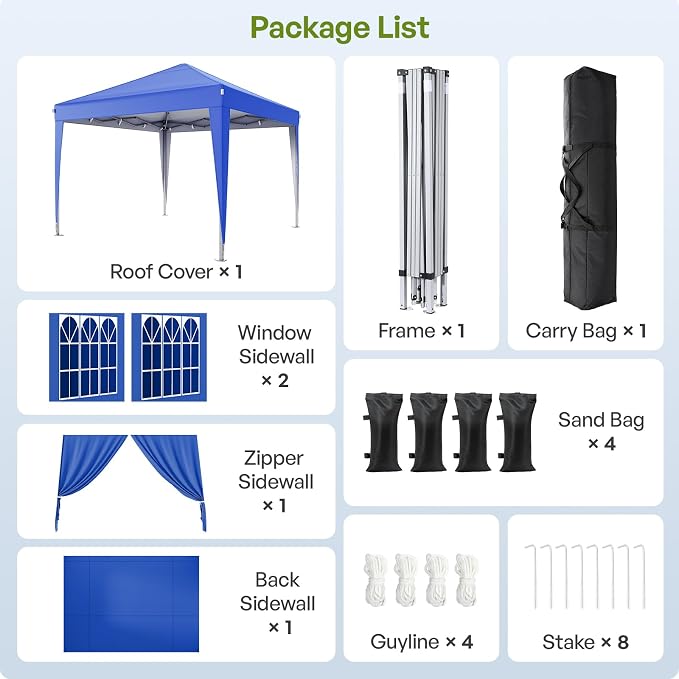 Driftalia 10x10 Pop Up Canopy with Sidewalls, Outdoor Instant Canopy Tent with Carry Bag for Commercial Events, Camping, Backyard Parties - Blue