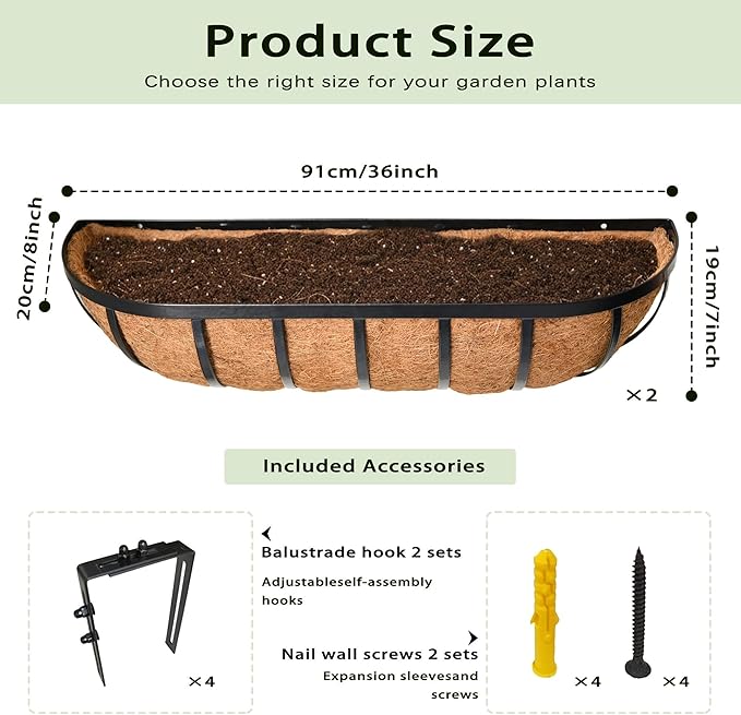 36'' Window Box Railing Planter with Coco Liner,2 Pack Horse Trough Planters Black Metal Hanging Flower Planters Basket for Porch Fence Patio Indoor Outdoor Lawn