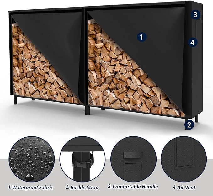 WALMANN 8ft Firewood Rack with Cover, Heavy Duty Firewood Rack With Weather Resistant 600D Oxford Fabric Cover, Indoor/Outdoor Wood Rack for Firewood