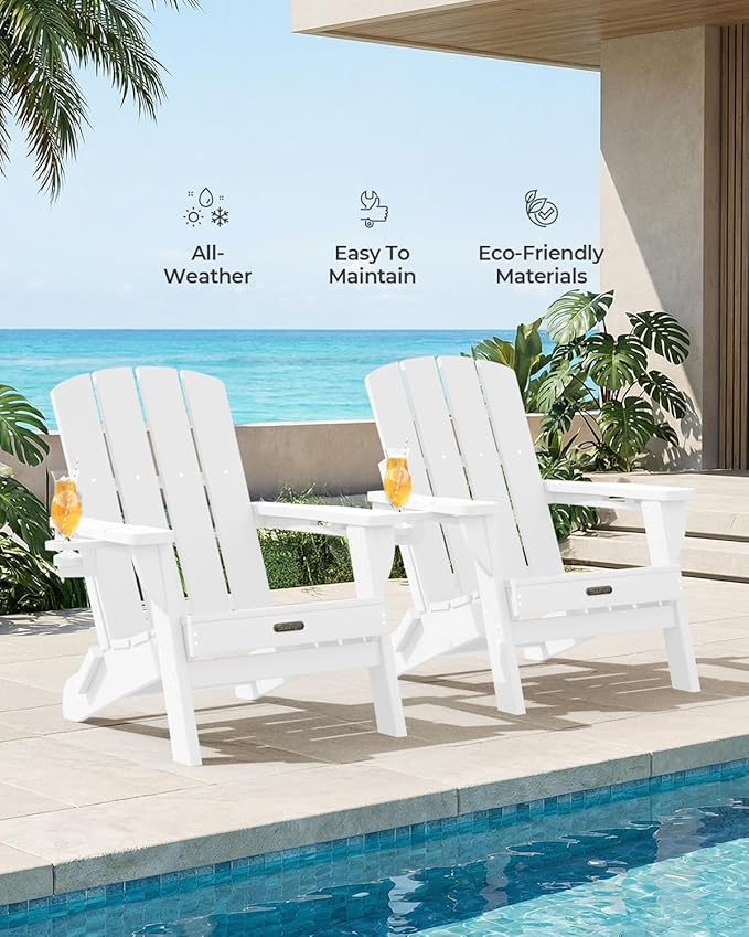 Folding Adirondack Chair, HDPE All-Weather Fire Pit Chairs, Plastic Adirondack Chairs with 2 Cup Holder, Outdoor Lawn Chair for Patio Garden (White)