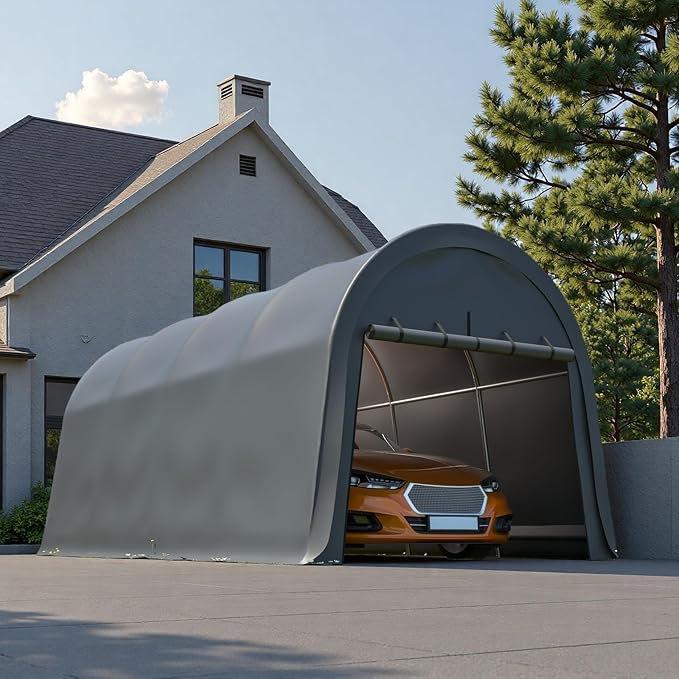 10x20 FT Anti-Snow Carport, Heavy-Duty Portable Garage with Steel Frame & Vented Roof, Removable Double-Zipper Door, Waterproof Outdoor Storage Shelter for Trucks, Boat, Easy Assembly, Grey