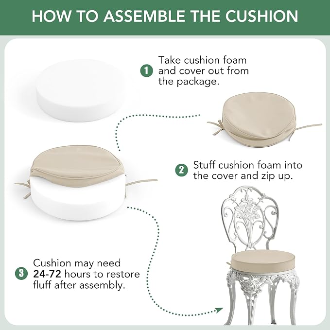 Summsun Outdoor Bistro Chair Cushions Set of 4, 15" D x 3" H Round Chair Cushions Waterproof and Fade Resistant Chair Cushion Pads with Non-Slip Ties and Removable Covers for Garden, Cream