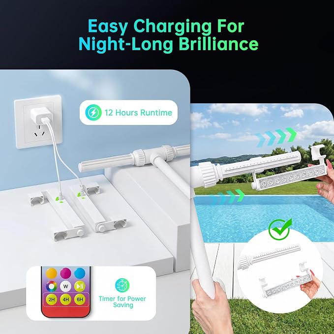 LED Pool Fountain with Remote, Rechargeable Waterfall Spray for Inground & Above Ground Pools, Fits 1.73" & 3.2" Return Jets, 20 Light Modes & Timers, 12H Long-Lasting Glow for Night Swimming Ambiance
