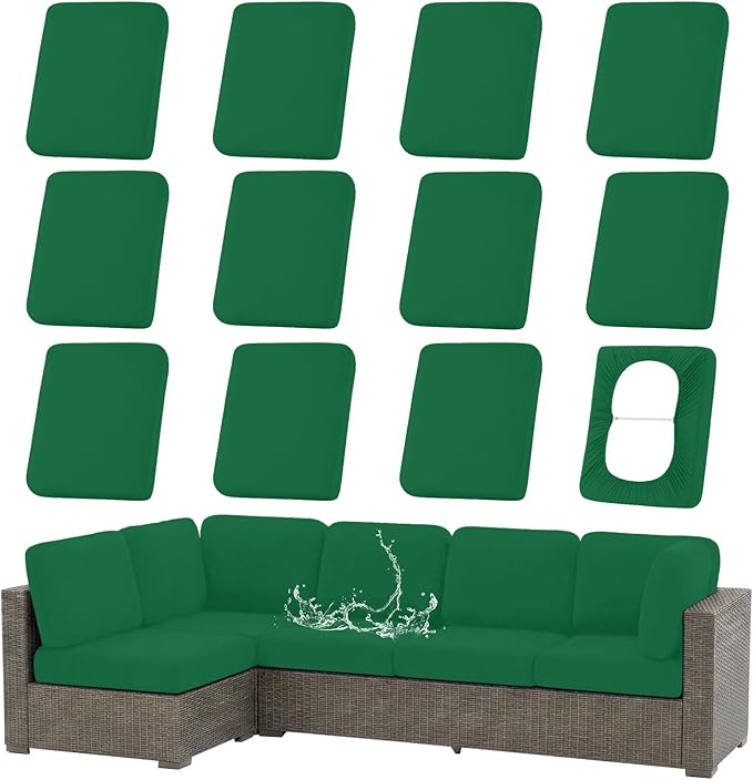 hyha Waterproof Outdoor Cushion Covers for Patio Furniture, Stretch Patio Chair Cushion Slipcovers, Coated UV Resistant Replacement Seat Covers, Solid Color (Green, 12PC)