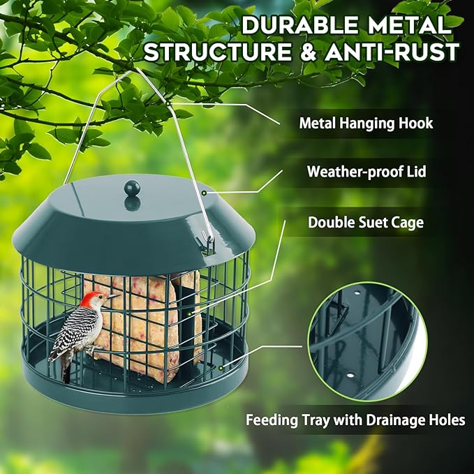 Gbekery Caged Suet Bird Feeder for Outdoors Hanging, Squirrel Proof Double Suet Feeder for Small Birds, Metal Cage with Detachable Hook, Large Space, Outdoors Weatherproof, Green