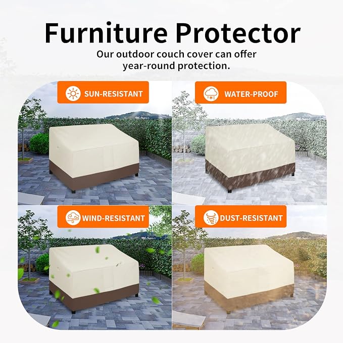 Easy-Going Waterproof Outdoor Couch Cover, Heavy Duty 3-Seater Patio Sofa Cover, Winchdproof Outdoor Furniture Cover with Air Vent (62Wx40Dx33H inch, Beige/Dark Brown)
