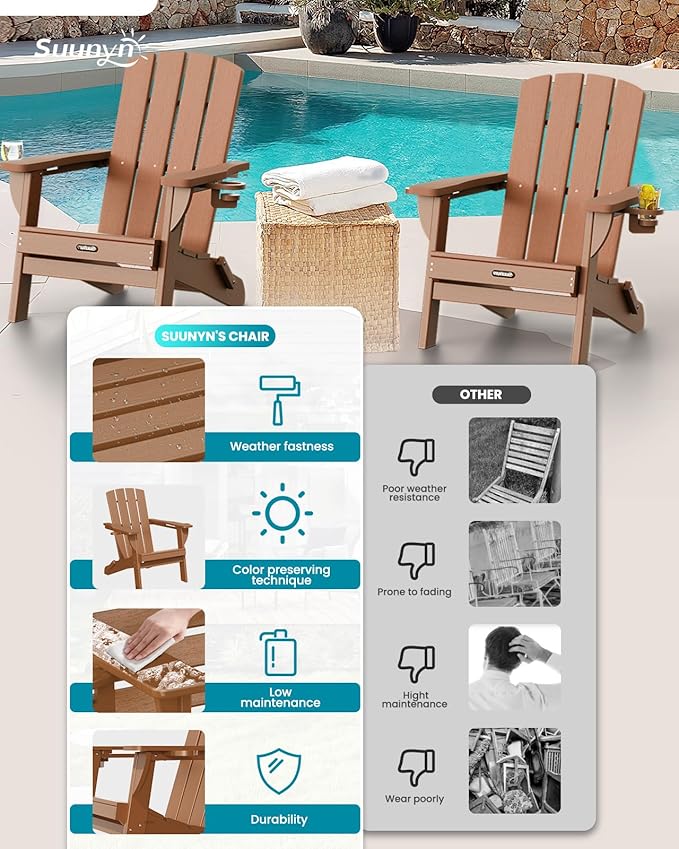 Folding Adirondack Chair 6 Pack, HDPE All-Weather Fire Pit Chairs, Plastic Adirondack Chairs with 2 Cup Holder, Outdoor Lawn Chair for Patio Garden (Teak)
