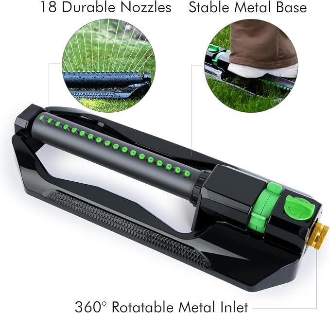 RESTMO Heavy Duty Oscillating Sprinkler with Metal Base, Adjustable Flow Control Lawn Watering System, Covers Up to 3,600 Sq. Ft. for Garden, Yard