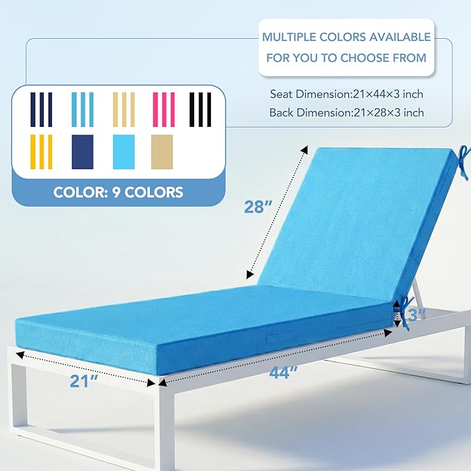 L'AGRATY Outdoor Lounge Chaise Cushion: 72x21x3 Inch Waterproof Lounge Chair Cushion for Outdoor Furniture with Fade Resistant Removable Cover - Patio Lounge Cushions for Pool Lawn Deck(Blue 1Pack)