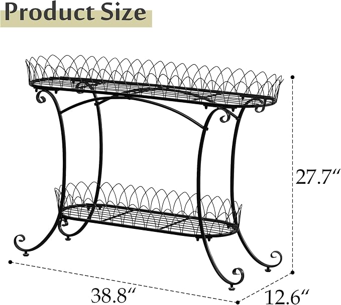 Black Two-Tier Plant Stand with Ornate Edge, 39-inch Long Top Shelf & Waistline Legs, Pots Stand, Fantastic Garden Decor for Indoor Outdoor Use