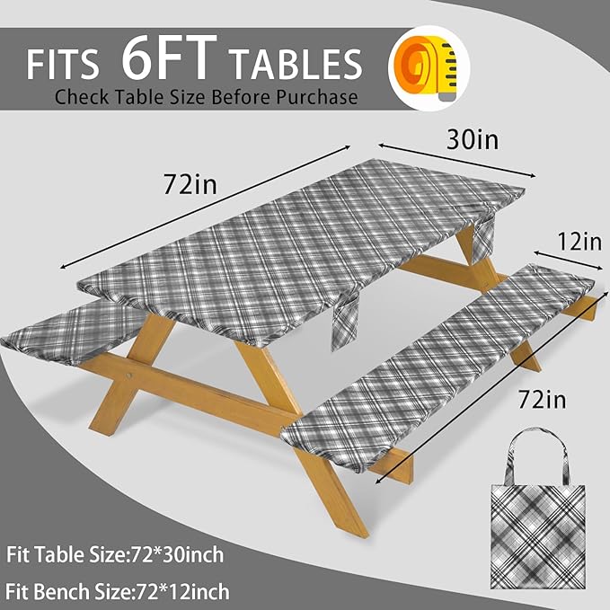 Fitted Waterproof Picnic Table Cover with Bench Covers Heavy Duty Elastic Outdoor Camping Tablecloth for 6 Foot Rectangle Tables Summer Rv Accessories Patio Garden Road Trip Essentials Gifts