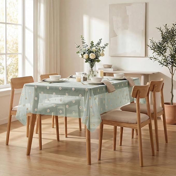 Horaldaily Green Embroidery Daisy Spring Summer Gauze Tablecloth 60×84 Inch Rectangular, Seasonal Tulle Table Cover, Garden Party Decorations for Wedding, Party, Holiday Dining