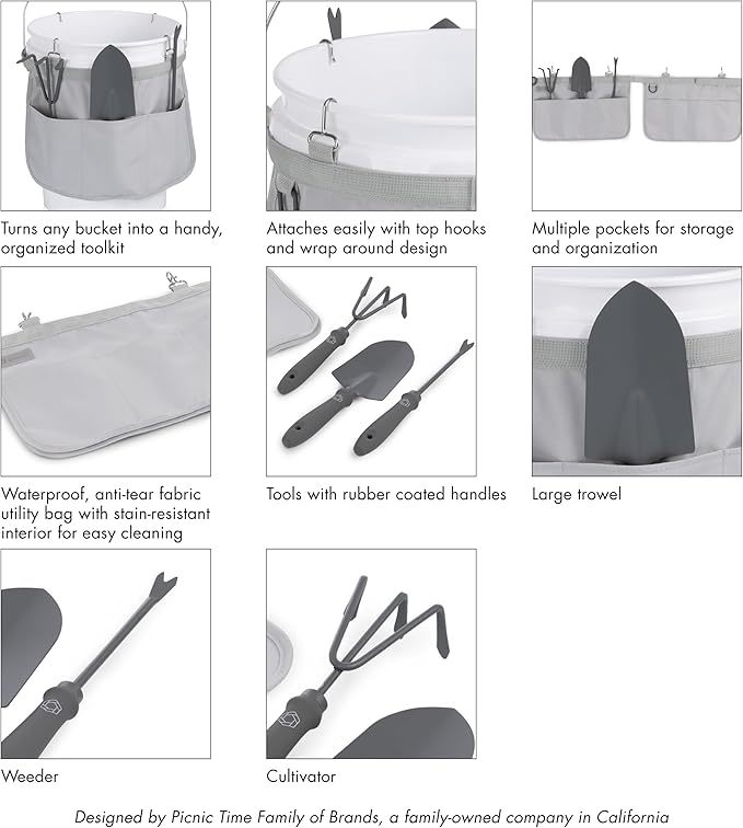 Picnic TIME Garden Bucket Tool Organizer, Gardening Tools Organizer Bag with Hooks to Attach to Bucket, Gardening Essentials and Gifts for Women and Men, Plant Lover Gifts for Gardeners (Fog Gray)