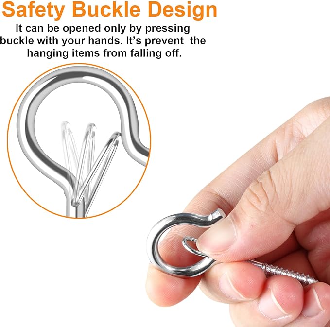 FSAH 50 Pack Screw-in Hooks for Outdoor String Lights, Q Hanger Hooks for Outside, Swivel Hanging Basket Patio Hook with Safe Buckle, Plant Eye Hook for Wall Ceiling with 1 Wing Nut Driver, Silver