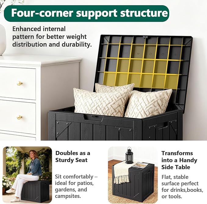 Outdoor Storage Box,30 Gallon Deck Box Outdoor Storage Bench Outside Waterproof Resin Storage Bench, Lockable Patio Cushions, Garden Tools Storage For Furniture, UV Resistant Black