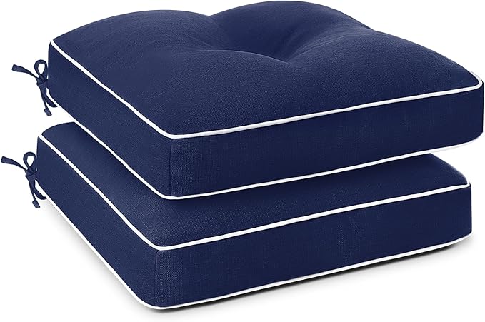 Favoyard Patio Chair Cushions 19 × 19 Inch Water Resistant & 3-Year Color Fastness Outdoor Chairs Cushion for Seat Dining Rocking Wicker Chair Cushion with Tie Straps Tufted Square Pads, Blue, 2 Pack