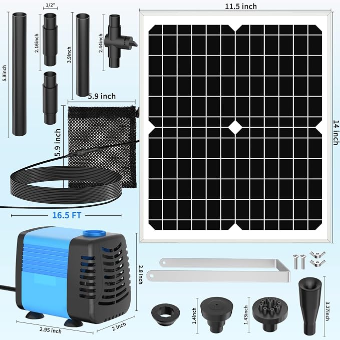 Solar Pond Pump, 20W Solar Fountain Pump with 350GPH Flow & 4 Spray Styles, 16.5Ft Extendable Power Cord, Debris Barrier Bag for Outdoor Fountain, Ponds, Fish Tank, Waterfall, Garden Water Features