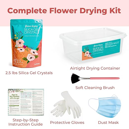 LotFancy 2.5 LBS Silica Gel Flower Drying, Rusable Color Indicating Silica Crystals with Airtight Container and Brush, DIY Wedding Bouquet Preservation Craft Kit