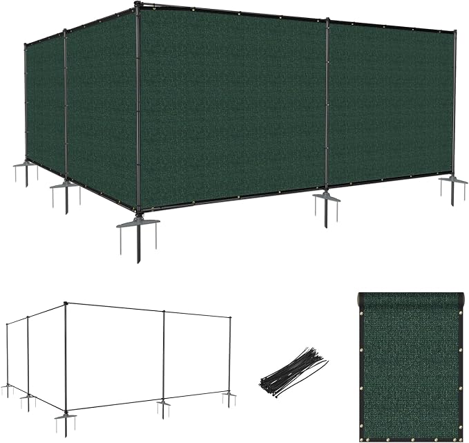 5'Hx52'W Outdoor Freestanding Privacy Screen Fence Panels with Iron Poles, Mesh Shade Net Cover Temporary Fencing for Patio Backyard Garden Deck, Green