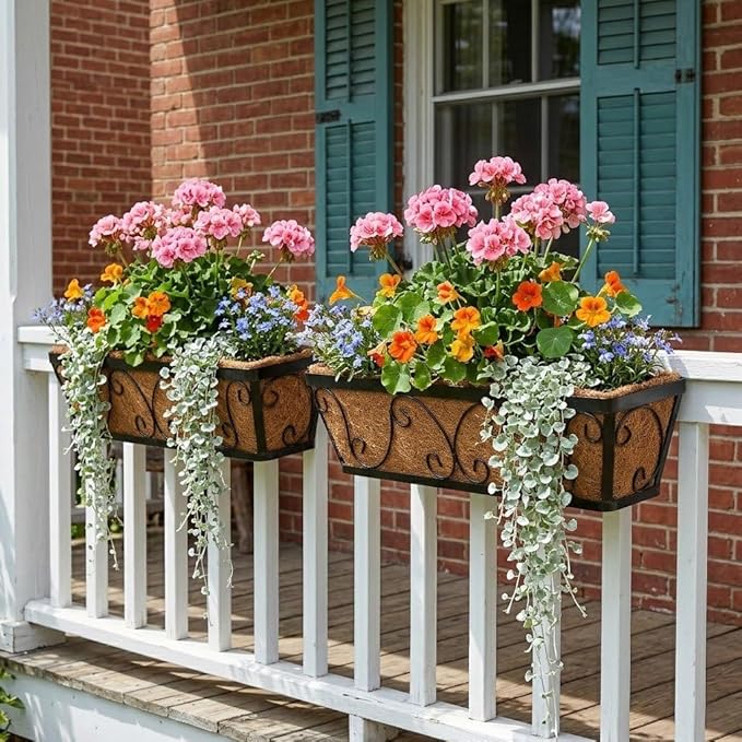 24 Inch Window Box Planter with Adjustable Brackets for Hanging Outdoor Plants, 4 Pack Railing Planter Boxes with Coco Liners for Balcony Deck Porch & Patio Garden Decor, Black