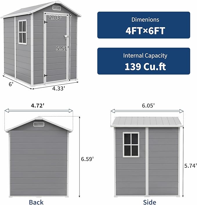 Resin Outdoor Storage Sheds 4x6 ft, Upgraded Double-Wall Outdoor Plastic Shed with Window & Double Doors, Waterproof Lockable Garden Shed (Light Gray, 4 X 6 ft)