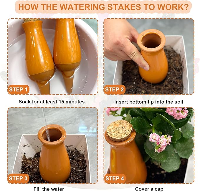 4 Packs Ollas Plant Watering Globes, 12 Oz Terracotta Self Watering Planter Insert, Automatic Watering Devices, Clay Drip Irrigation Stake for Indoor & Outdoor Plants, 1 Week Easy to Refill(Orange)