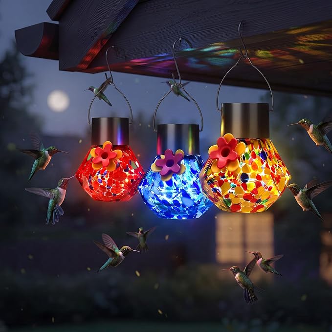 Nuogo 3 Pcs 3.54 Inch Blown Glass Hummingbird Feeders Solar Powered Hummingbird Feeder with LED Light for Garden Outdoors Window Decor Valentine Hanging Gifts Ant and Bee Resistant (Color D,Novel)