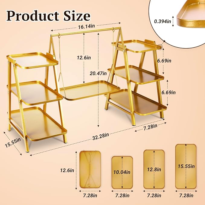 Metal 3 Tier Cupcake Stands, Large Capacity Serving Removable Tray Dessert Stands with Swing Design and Anti-slip Base, Food Display for Parties and Events, Wedding, 32.28*15.55*20.47Inch (Gold)