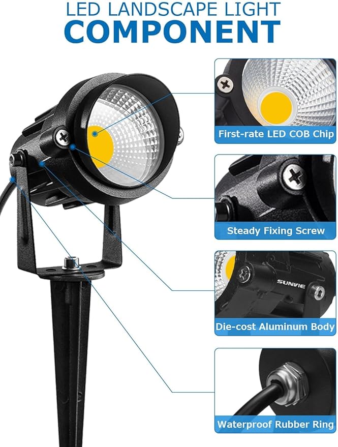 SUNVIE 12W Low Voltage Landscape Lights LED Landscape Lighting with Connectors 12V Warm White (900LM) Waterproof Garden Low Voltage Lights Wall Tree Flag Outdoor Spotlights with Spike Stand, 8 Pack