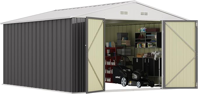 Greesum 10x12FT Outdoor Storage Shed, Utility Tool Shed with Sloping Roof, Metal Storaged Garden Shed with Door & Lock for Patio Storage, Gray