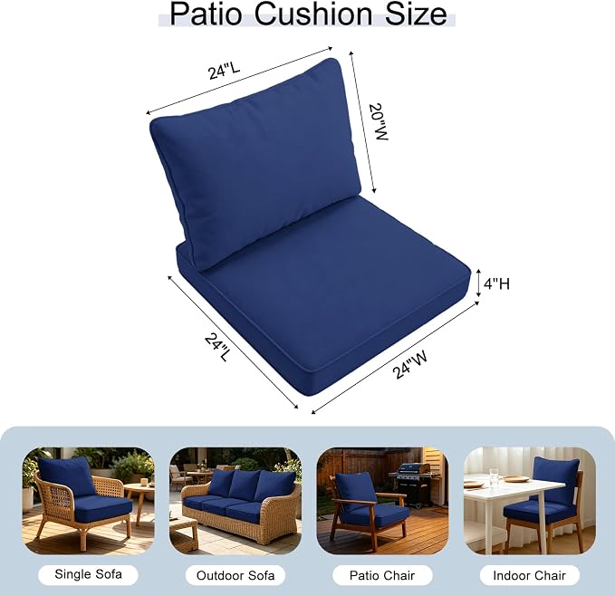 24''x24''x4'' Outdoor Seat Cushion Set, Blue Patio Replacement Cushions | Water-Resistant & Fade Resistant Fabric with Removable Cover, Fits Outdoor Chair Sofa Couch