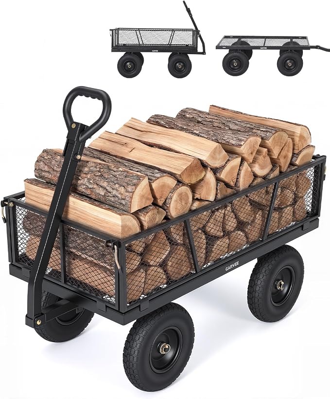 Garvee Versatile Outdoor Utility Cart-1200LBS Heavy-Duty, 13" All-Terrain Pneumatic Tires, Vehicle-Connectable, Easy Maneuverable Lawn Cart with Removable Mesh Panels for Gardening & Landscaping,Black