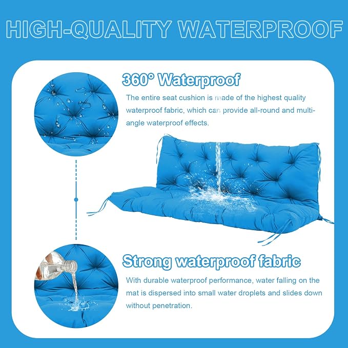 Premium 5" Thick Waterproof Porch Swing Cushions Sturdy Durable 2 Seat Replacement Outdoor Swing Cushions with Backrest&Ties Bench Cushion for Outdoor Furniture Backyard Patio Garden