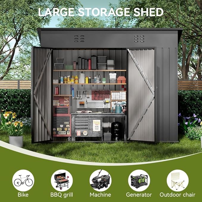 COMHOMA 8'x4' Shed Outdoor Storage,Metal Garden Tool Utility | Steel Tool Shed with Lockable Doors, Sloping Roof, and Air Vent. Perfect for Backyard, Patio, Lawn, and Poolside