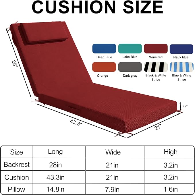 Outdoor Chaise Lounge Cushions, 72x21 Inch Olefin Water & Fade Resistant Pool Lounge Chair Cushions, Patio Sun Lounger Pad with Pillow & Straps for Patio, Pool, Deck, Lawn, Wine Red