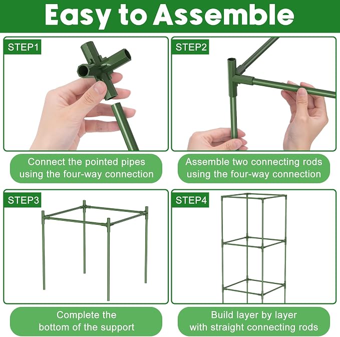 Unves 3 Pack Tomato Cage for Garden, 16" W x 66" H Square Tomato Trellis Plant Support Frame with 50 Pcs Plant Clips, Suitable for Climbing Vegetables, Flowers, and Fruits