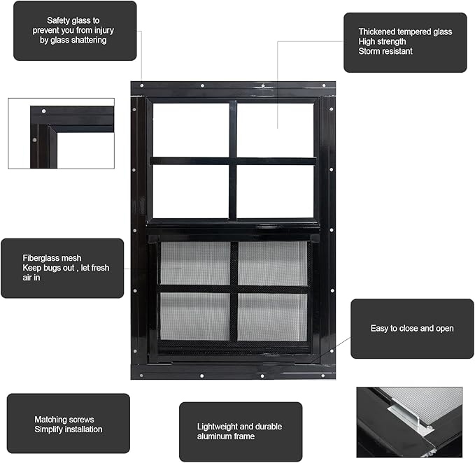 Yuzzy 18" x 23" Shed Windows with Tempered Glass and Fiberglass Screen, 2 Pack Small Sliding Windows for Shed, Chicken Coop, Playhouse, Household, Garage, Barns (Black)