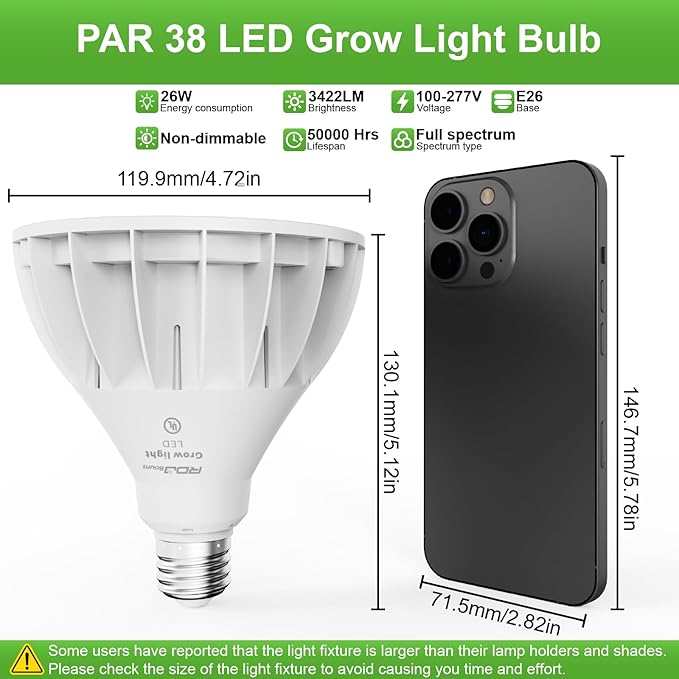 RDJ Bouns Dimmable Led Grow Light Bulb with Remote & Timer, 26W Full Spectrum Plant Bulb for Indoor Plants, Auto On/Off 4/8/12H, Natural White PAR38 Grow Lamp for Succulents, Seeds, E26 Base