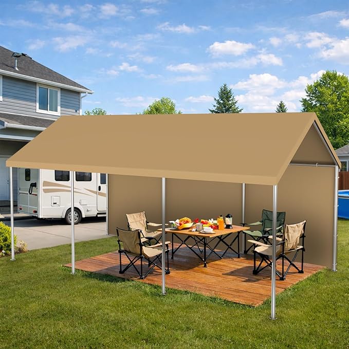 Carport Replacement Canopy Sidewall 20x6.6FT Fits 10x20,12x20,13x20,20x20FT Carport, Waterproof & UV Protected, with Ball Bungees (Only Sidewall, Frame Not Include) (Khaki, Sidewall 1 Pack)