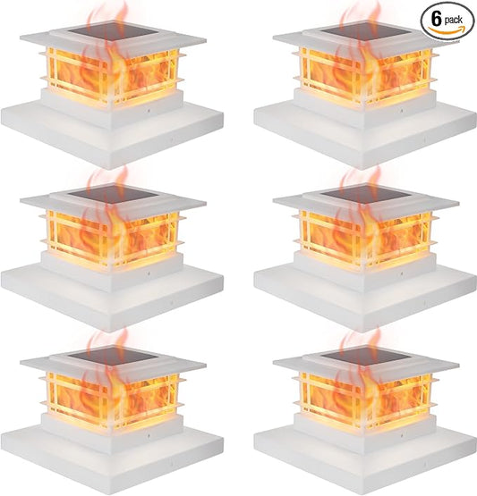 Dynaming 6 Pack Solar Post Cap Lights Outdoor with Flickering Flame Light, White Shell Fence Post Solar Lights Fit 4x4 5x5 Vinyl/Wooden Posts, Brightness LED Lighting Decor for Garden Deck Patio