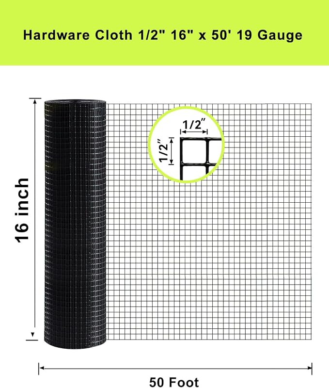 Black Vinyl Coated Hardware Cloth Roll 1/2 inch 16 inch x 50 Foot - Black Vinyl Chicken Wire Fence Roll Garden Fence Mesh Wire Fence Welded Wire Fencing