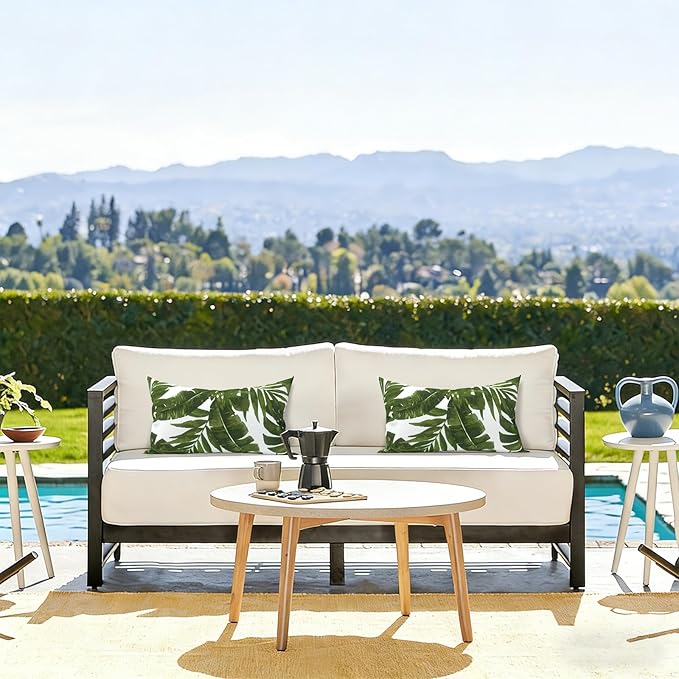 LVTXIII Set of 2 Patio Lumbar Pillows, 12”x20” Fade Resistant Outdoor Lumbar Pillow with Inners, Fluffy Decorative Garden Lumbar Cushions for Home Patio Coach Sofa Use, Palm Green