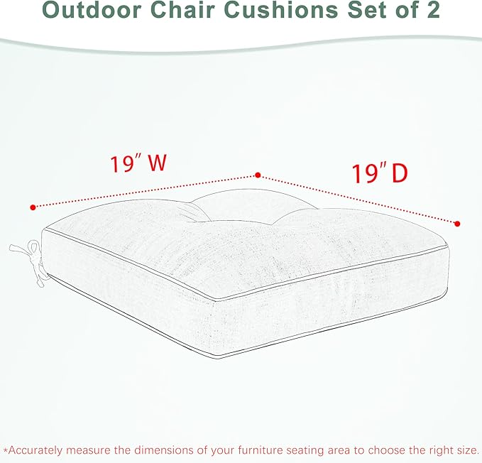 Favoyard Patio Chair Cushions 19 × 19 Inch Water Resistant & 3-Year Color Fastness Outdoor Chairs Cushion for Seat Dining Rocking Wicker Chair Cushion With Tie Straps Tufted Square Pads, Beige, 2 Pack
