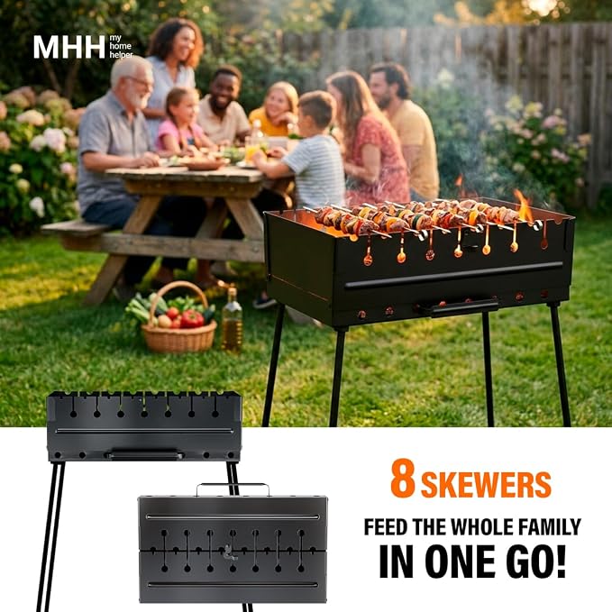 MHH Charcoal Grill for 8 Skewers - Portable Barbecue 16.9""×11.8""×16.9"" Kabob Camp Grills - Foldable Metal Mangal - Kebab Shish - BBQ for EDC Picnic Outdoor Cooking Camping Hiking