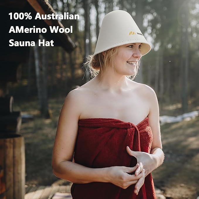 Merino Wool Sauna Hat for Women & Men, Seamless Soft Felt Sauna Cap, 100% Fine Merino Wool, Lightweight Breathable Nordic Design, Protects Head & Hair from Heat, Gift Bag Included White