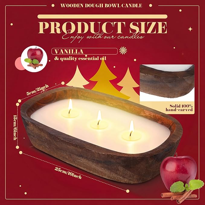 Threlaco 1 Pack 10 Inch Wood Dough Bowl Candles Home Rustic Dough Bowl Soy Candle 3 Wick Scented Candles Gifts for Men Women Farmhouse Table Centerpiece Home Decor for Christmas(Apple Cinnamon)