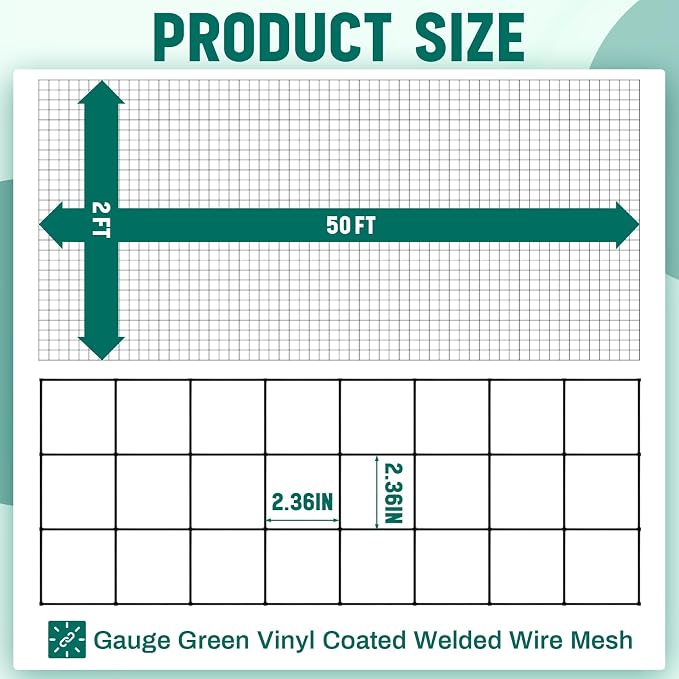 Gisafai 16 Gauge Galvanized Welded Wire Fence 2 ft x 50 ft PVC Coated Hardware Cloth, 2.36" x 2.36" Mesh, Heavy Duty Garden Fencing Roll for Yard Chicken Dog, Deer Cattle & Animal Protection(Black)